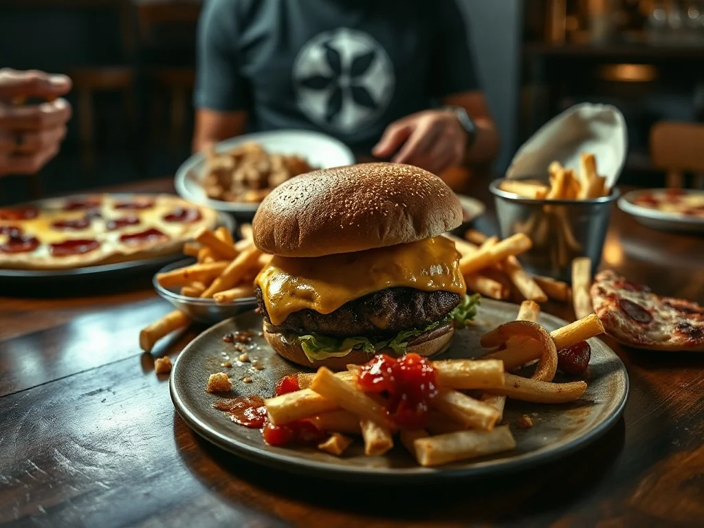 Osoba odsuwająca talerz z niezdrowym jedzeniem, takim jak cheeseburger, frytki i pizza, na drewnianym stole.