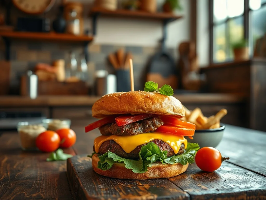 Apetyczny, soczysty burger z serem i świeżymi warzywami na drewnianym stole, idealnie ilustrujący ideę cheat mealu.