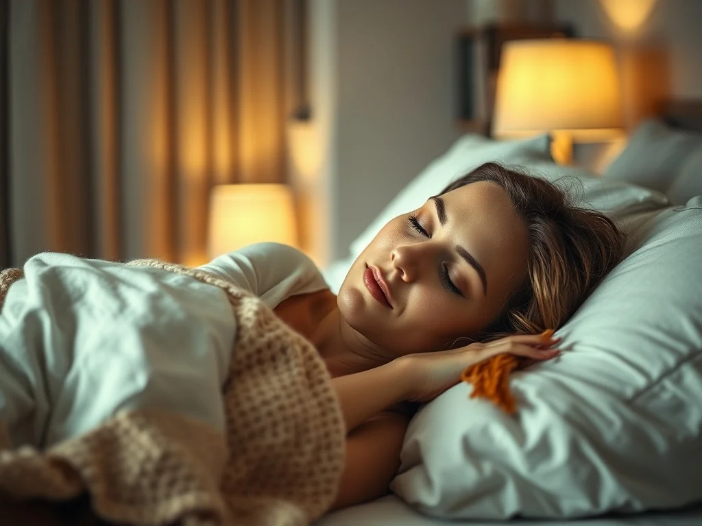 Kobieta śpiąca spokojnie w przytulnej, nowoczesnej sypialni przy ciepłym świetle lampki nocnej.